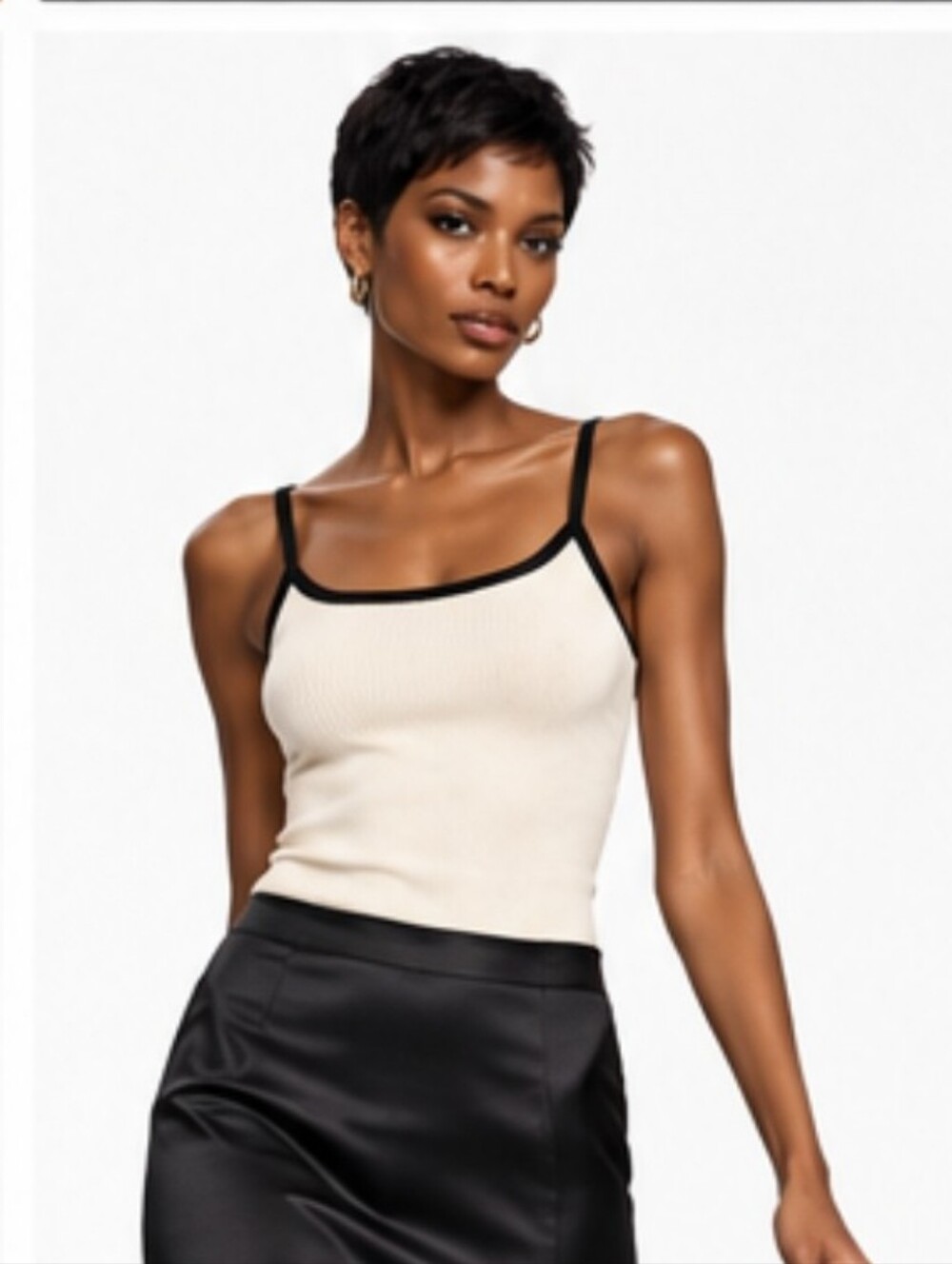 Moojius Contrast Trim Ribbed Knit Cami Tank Top Cream Black Size S